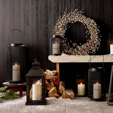 Outdoor Solar Powered Lantern With Flickering LED Candle For Porch Garden And Patio, 15 Inch Tall Black Metal Open Frame