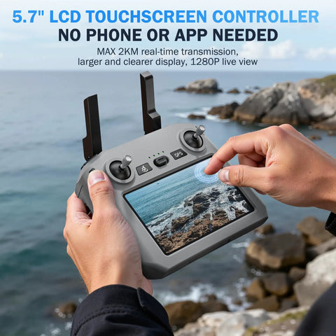 Hands holding 5.7-inch touchscreen for 4K Camera GPS Drone For Adults With 5.7 Inch FPV Touchscreen, 100-Minute Flight Time, GPS Follow.