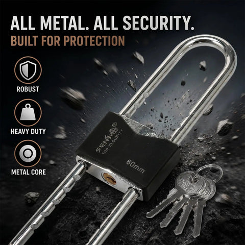 Premium French Door Security Brace With Adjustable Steel Kickstop And Keyed U Bars, tough metal padlock with keys and robust design.