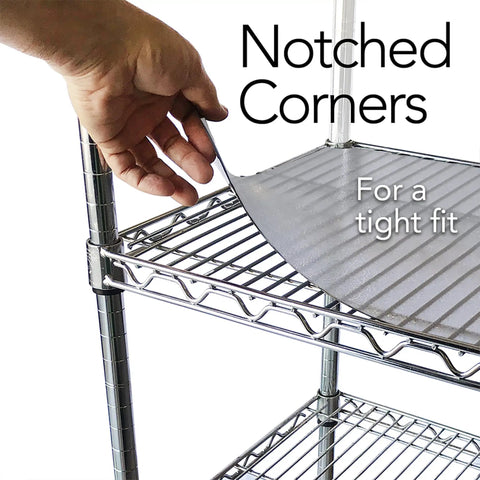 Hand placing notched corner of Rock-Solid Heavy-Duty Shelf Liners For Wire Rack Storage on a metal shelf.