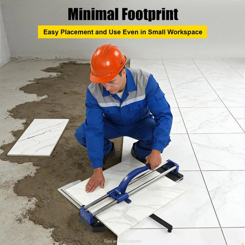 Man using Heavy-Duty Manual Tile Cutter 31 Inch For Ceramic And Porcelain Tiles with tungsten blade in small workspace.