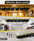 Overhead Garage Ceiling Storage Rack System For 6 Bins Heavy Duty Powder Coated Tote Shelving Set installed in garage, shed, storeroom