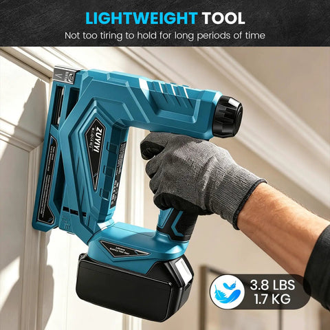 Makita 18V Compatible Cordless Brad Nailer And Stapler 2 In 1 For 18ga Fasteners Bare Tool held with one hand against wall.