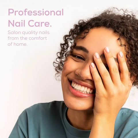 Smiling person showcasing manicured nails using Nail Tech Approved Cordless Electric Drill With Adjustable Speed And Built In LED Lamp.