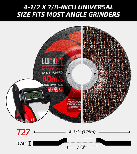 Twenty Five Pack Of Four And A Half Inch Grinding Wheels For Angle Grinders Built Tough For Fast Metal Grinding Rust Removal Deburring And Cleaning With Seven Eighths Inch Arbor showing dimensions and texture