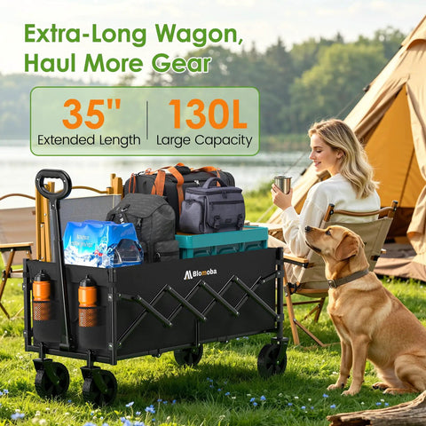Extra Long 35 Inch Collapsible Wagon loaded with gear beside a woman and dog at a campsite