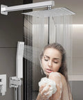 12 Inch Square Rain Shower Head With Extension Arm And Handheld Combo High Pressure All Metal Chrome Finish Shower System in use
