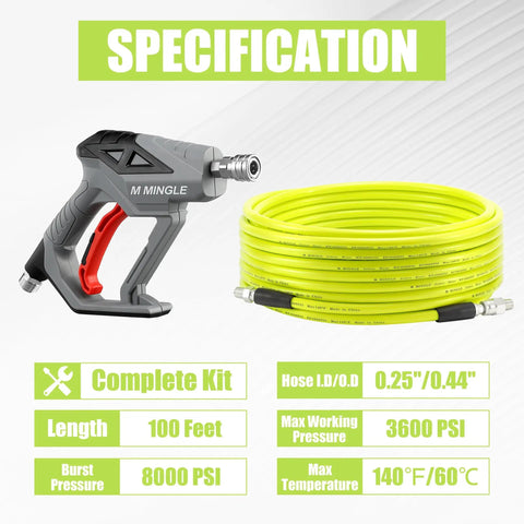 Sewer Jetter Kit For Pressure Washer 100 Ft Hose With Gun And Nozzles Including Button Nose Corner Rotating Jetting Orifice 4.0 4.5 M22 Adapter Quick Connect Plug Drain Cleaner For Clogged Lines