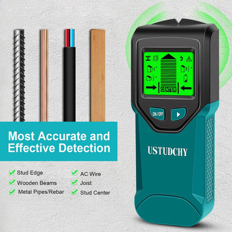 Heavy Duty 5 In 1 Electronic Stud Finder And Wall Scanner showing LCD display with detection modes and surrounding materials.