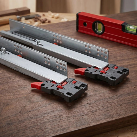 Soft Close Hidden Drawer Slides Full Extension Undermount Glides With Cold Rolled Steel Brackets shown on wooden surface.