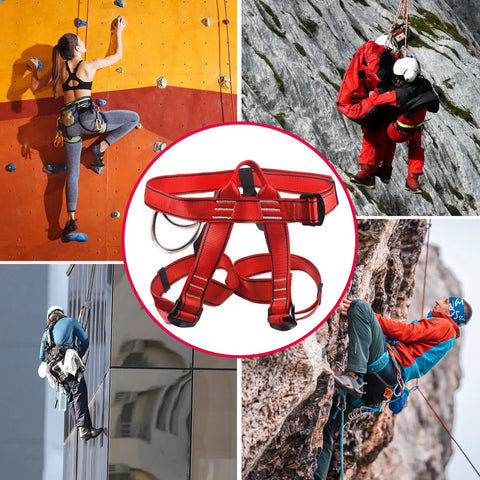 Collage of climbing and rescue activities featuring Adjustable Thickness Climbing Harness With Wide Half Body Design For Rock Climbing Rappelling Fire Rescue And Tree Work CE EN3531 Certified Heavy Duty Workhorse Polyester Gear With Max Load 230kg And Breaking Strength 22kN In Red.