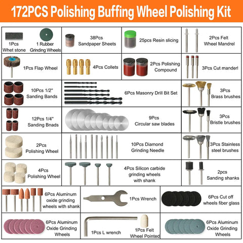 172 Piece Rotary Tool Accessories Kit With One Eighth Inch Shank Bits For Sanding Cutting Shaping Drilling Deburring