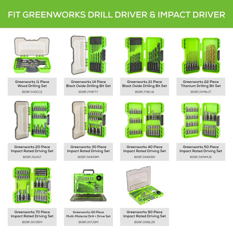 Various Greenworks drill and impact driver bit sets with different sizes and contents in plastic cases for Beefy 24V Brushless Drill Driver And One Quarter Inch Impact Driver Combo Kit With Dual USB Power Bank Batteries, Dual Port Charger, LED Light, Two Driving Bits, And Durable Tool Bag.