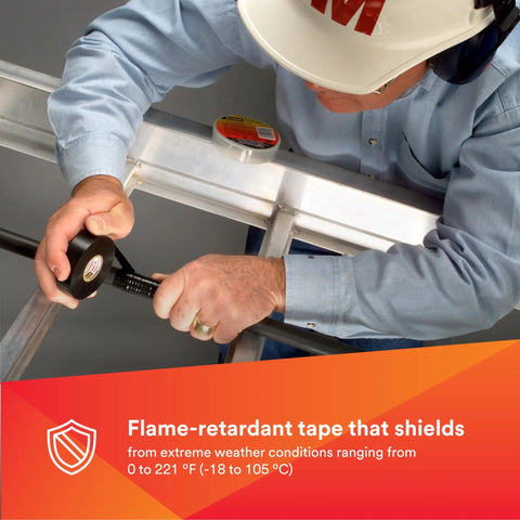 Person applying Vinyl Electrical Tape Super 88 Thick All Season Flame Retardant Pro Grade Heavy Duty Black 3/4 Inch By 44 Feet Rolls
