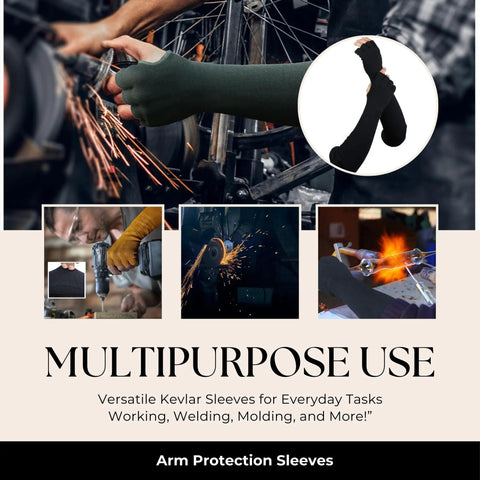 Rock Solid Heavy Duty Arm Sleeves With Finger Opening Cut And Heat Resistant Kevlar Work Guards For Welding And Gardening in use.