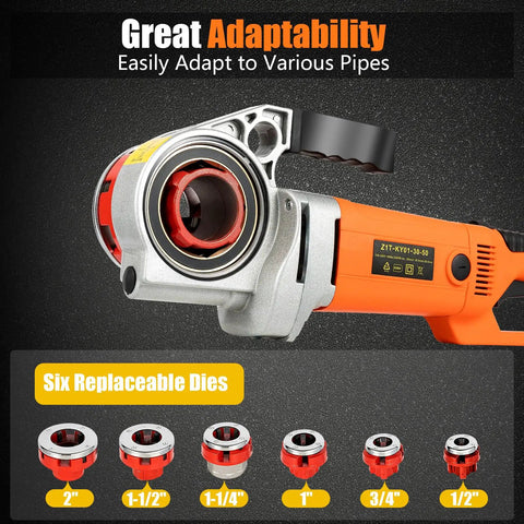Powerful 2300W Electric Pipe Threader Kit With Six Die Heads From One Half Inch To Two Inch Capacity showing die head sizes
