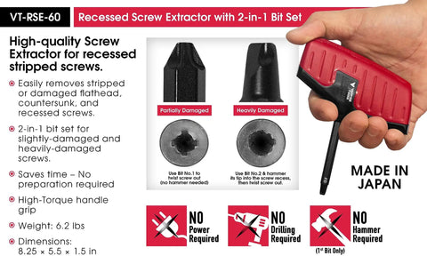 2 Piece Stripped Screw Extractor Kit With 6.25 Inch Screw Removal Pliers And Recessed Screw Extractor, Made in Japan
