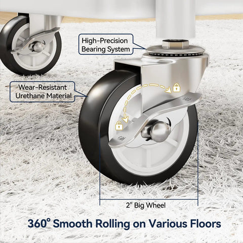 Close-up of lockable wheel on Metal 3 Tier Rolling Cart With Lockable Wheels, Heavy Duty Utility Cart For Garage Or Workshop.