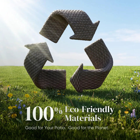Woven rattan arrows forming a recycling symbol on grass, with 100% eco-friendly materials text.