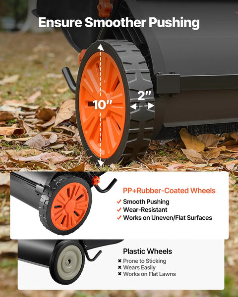 Close-up of 10-inch rubber-coated wheel on Heavy Duty Push Lawn Sweeper With 30 Inch Wide Broom And 12 Cubic Foot Hopper Bag.