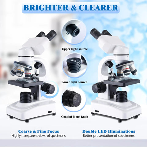 Dual LED Binocular Microscope For Students And Grownups, 64X-6000X Magnification, 3 Objective Lenses, Sturdy Metal Body, Dope Dual Illumination, Perfect For School Lab And Home Science Projects, white with coarse and fine focus