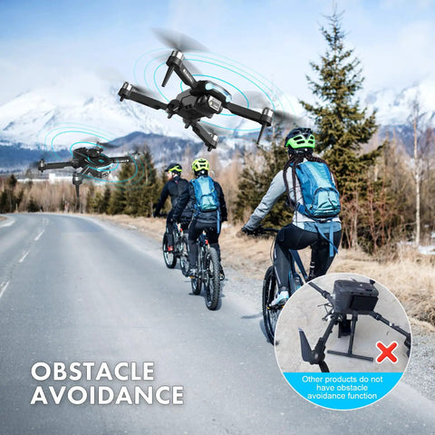 1080P HD Dual Camera Drone With Obstacle Avoidance Foldable RC Quadcopter flying near cyclists in mountain scenery