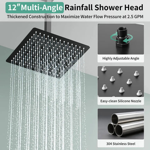 Top Shelf Matte Black Shower Faucet Set Featuring Dual Shower Heads And Wide Ceiling Rainfall Paired With Adjustable Handheld Spray for 12-inch multi-angle rainfall shower head with adjustable nozzles.