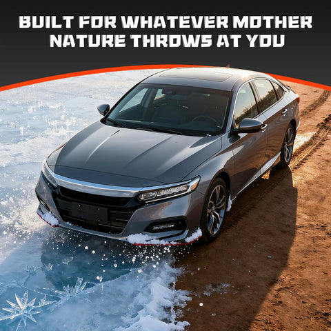 Silver sedan driving on icy terrain with text 'Built for Whatever Mother Nature Throws at You' above the car.