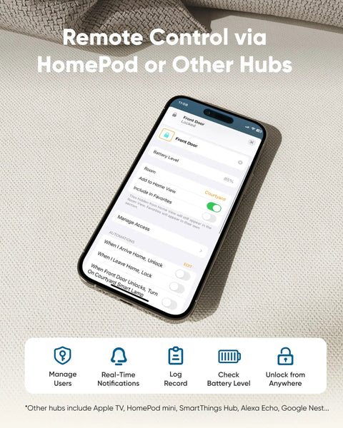 Smartphone displaying remote control features for Ace Keyless Entry Smart Lock Integrates With Apple Home And Google Home.