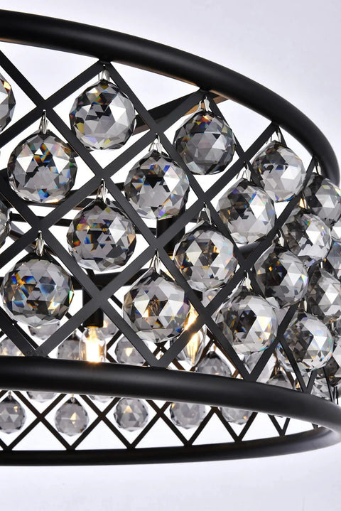 Eight Light Crystal Pendant Lamp Mocha Bronze Polished Nickel Ceiling Fixture Hand Forged Iron Grid Royal Cut Clear Glass Orbs close-up of crystal orbs and grid design.