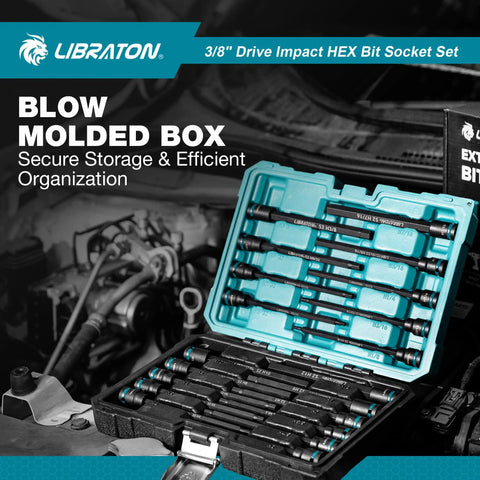 Heavy Duty 3/8 Inch Drive Long Impact Hex Bit Socket Set Built Like A Tank With S2 Steel Insert And CRV Body Featuring Manganese Coating For Zero Slack And Daily Shop Hustle in blow molded box.