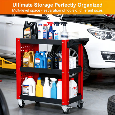 Heavy Duty 3 Tier Rolling Tool Cart Built Tough As Nails For Mechanics And Garage Shops Rock Solid Alloy Steel Frame With 1000 Lb Max Load Capacity Red Black displayed with organized tools and cleaning supplies.