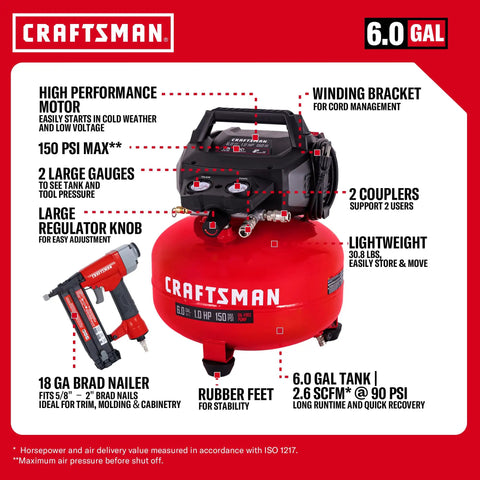 Craftsman 6 Gal Pancake Air Compressor With Oil-Free Tank Generating A Punchy 150 Psi For Swift Recovery features gauges and a 18 GA brad nailer.