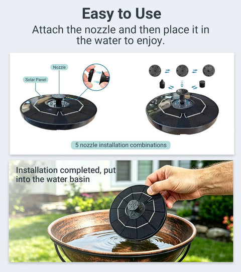 Solar Bird Bath Fountain With LED Lights And Battery Backup No Fuss Floating 6.3 Inch Pump For Pond Garden And Outdoor Decor 9V2W Panel 5 Nozzles Powerful Water Spray Works On Cloudy Days being installed