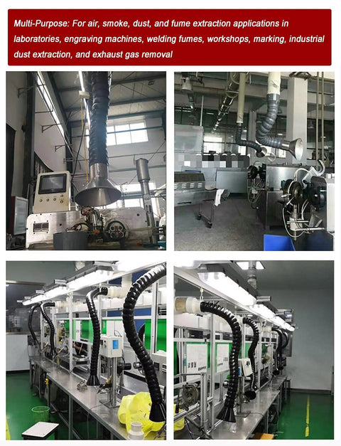 Kickass 360 Degree Swivel Fume Extractor Arm With Hella Tough Flexible Hose, installed in an industrial workshop for smoke capture.