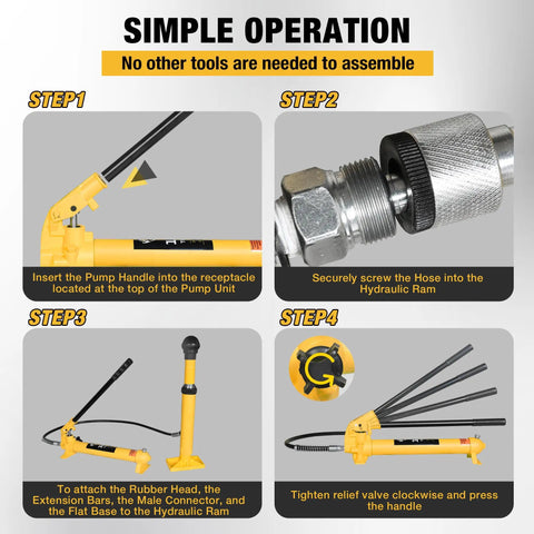 Badass 12 Ton Porta Power Kit Hydraulic Ram Push Pull Tool Set With Leakproof Heavy Duty Steel And Rugged Protective Carry Case assembly steps showing easy setup process.