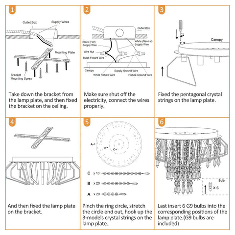 Installation guide for Six Light Crystal Chandelier Ceiling Light Fixture Modern Flush Mount With Sparkling Crystals