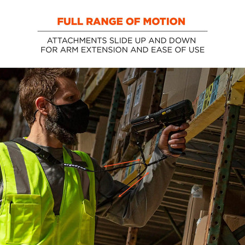 Worker using Heavy Duty Sling Style Barcode Scanner Harness With Tether Lanyard Keeps Your Scanner Close And Grab And Go Ready