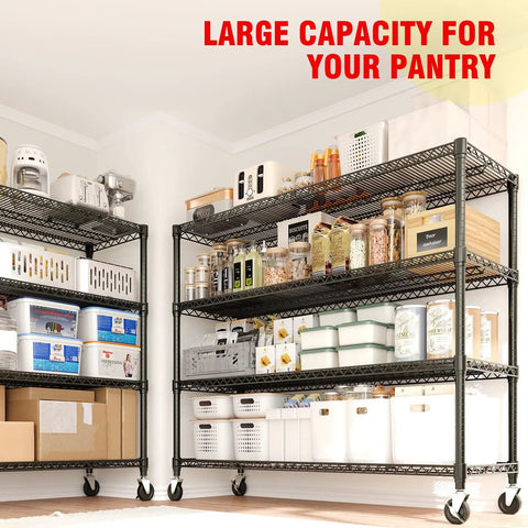 Beefy 4-Tier Garage Shelving Unit On Wheels With Extra Wide 59 Inch By 71.8 Inch Rack, 2640 Lbs Capacity, filled with pantry items
