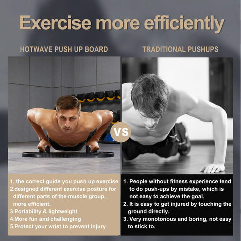 Image comparing Foldable 20 In 1 Push Up Board Portable Home Gym Essential with traditional pushups, highlighting efficiency.