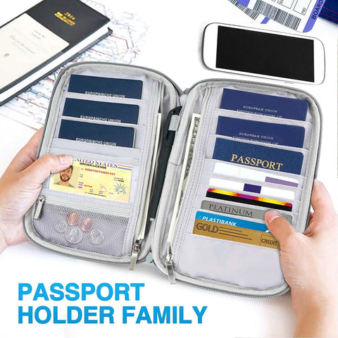 Open Go-To Passport Wallet With RFID Blocking, Waterproof Travel Organizer for passports, cards, and documents visible