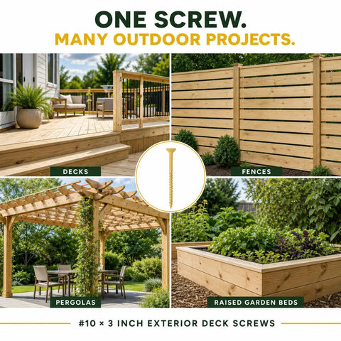 Heavy Duty 300 Count Exterior Deck Screws 8 By 1.25 Inches Featuring Bright Yellow Ceramic Coating For No Sweat Rust Defense On Pressure Treated Lumber And Synthetic Board Construction Includes A Solid T25 Torx Bit Inside, showcased in decks, fences, pergolas, and raised garden beds.