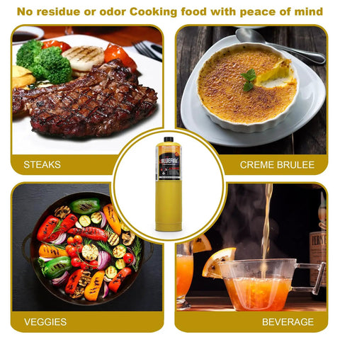 Modern MAPP Gas Substitute For Torch Work, 14.1 Oz Propylene Cylinder shown with steak, creme brulee, veggies, and beverage