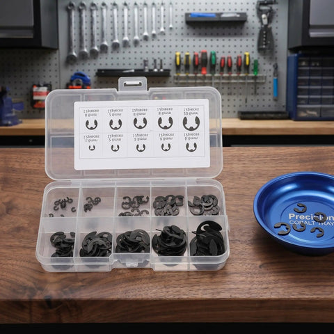 120 Piece E Clip Assortment Kit With Beryllium Bronze External Retaining Rings, 10 Sizes From M1.5 To M10 Circlip Snap Ring Set in workshop