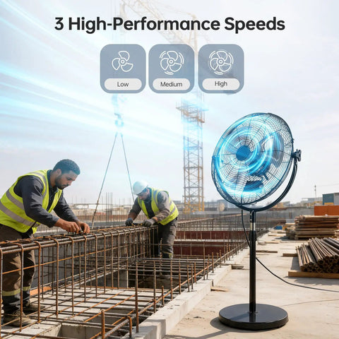 18 Inch High Velocity Pedestal Fan With Adjustable Height in construction site setting, visible 3 speed settings.