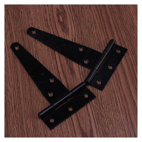 Heavy Duty Black T Shaped Door Hinges 8 Inch 4 Pack for Wooden Fence Warehouse Doors and Sheds on wooden surface