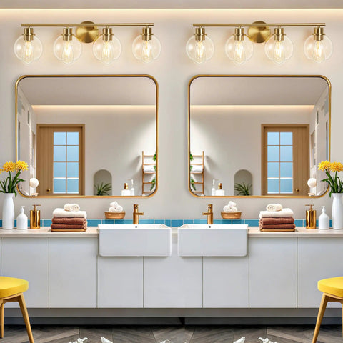 4-Light Over Mirror Bathroom Vanity Light With Clear Glass Globe Shades, 29.5 Inch Black Wall Sconce, brass metal, elegant design.