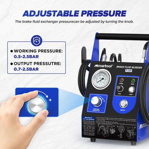 F109 Automatic Brake Bleeder Kit showing adjustable pressure knob and display panel