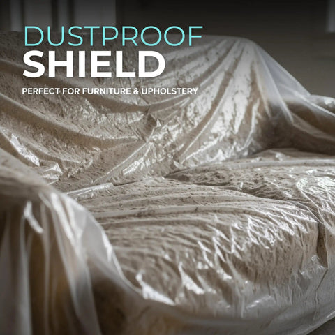 12 X 9 Ft Drop Cloths 6 Pack Plastic Painter Tarps covering a couch for furniture protection against dust and paint splatters.