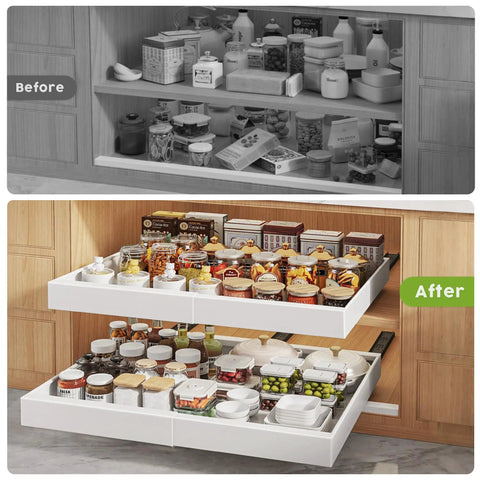 Before and after images of Four Pack White Pull Out Cabinet Organizers 21 Inch Deep Roll Out Shelves in kitchen.